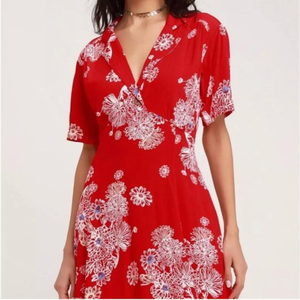 Free People Red Floral Hawaii Mini Dress Sz L Short Sleeve Fit & Flared Pockets